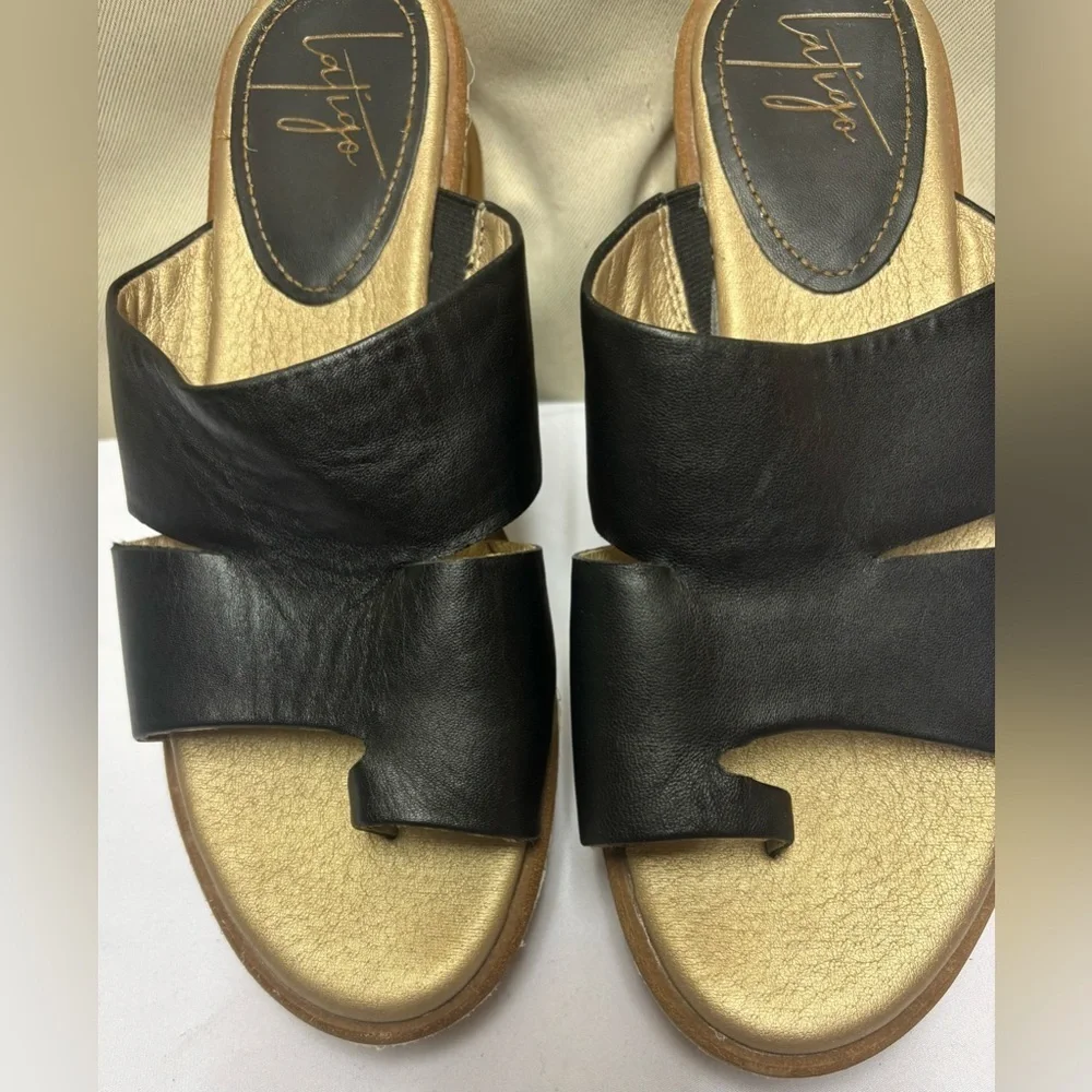 Latigo Women's Black Leather Karen Cork Platform Wedge Wrap Slide Sandals Size 7